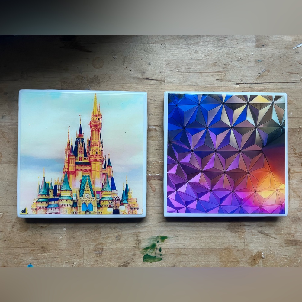 Colorful Disney Castle and Spaceship Earth Epcot Coasters | Resin sealed